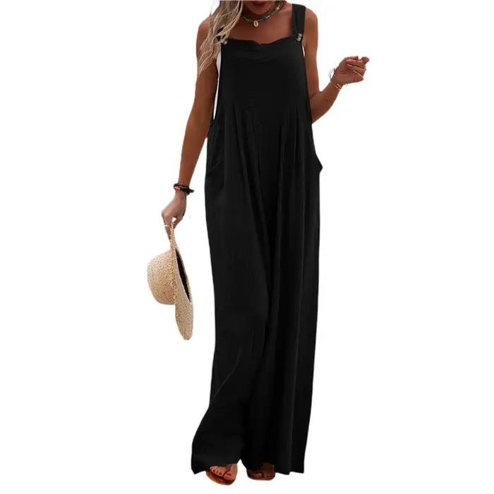 Salopette d'été pour femmes, tenue grande taille, couleur unie, boutons décontractés, jambes larges,