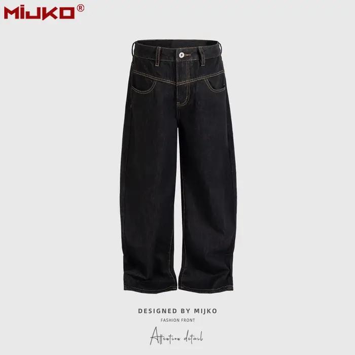 MIJKO Pantalon long unisexe en jean noir à design déstructuré et patchwork, coupe ajustée F9060