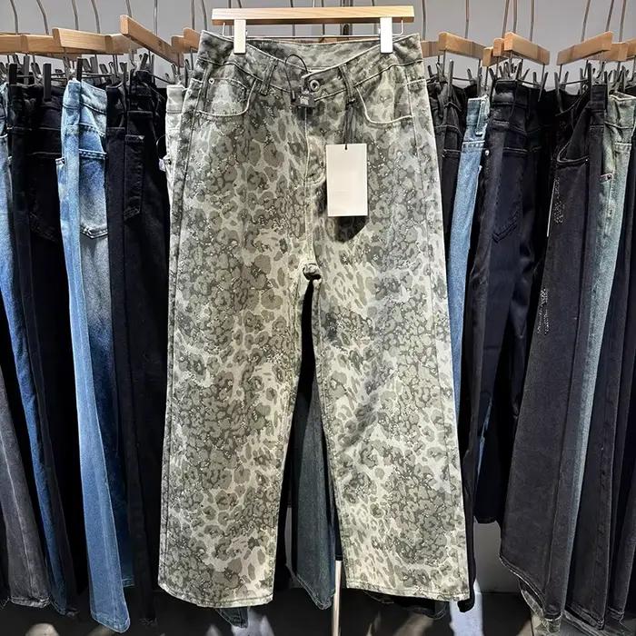 PFMarin- Pantalon Droit Délavé pour Homme, Jean Décontracté, à Jambes Larges, Unisexe, Imprimé Léopa