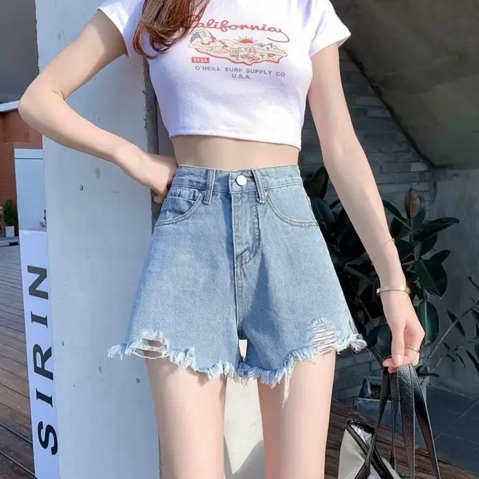 Shorts en jean extensibles tendance pour femme, taille haute, à franges, déchirés et usés, polyvalen