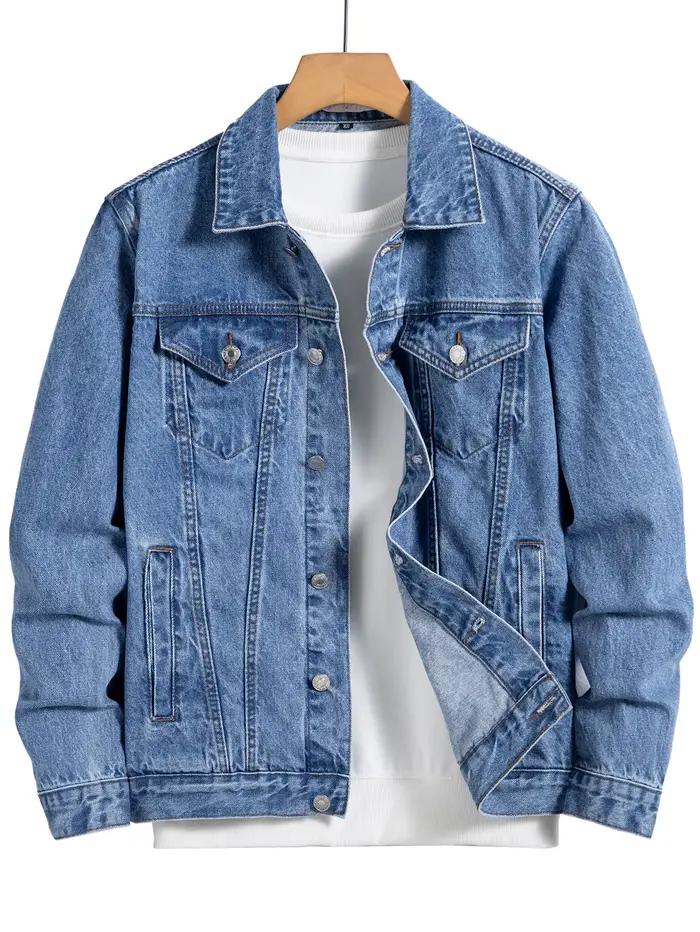 Veste en jean bleu pour homme pour le printemps et l'automne. Conception multi-poches. Taille réguli