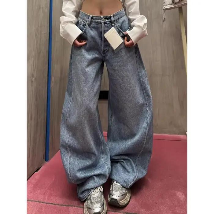 Femmes taille haute jean Vintage décontracté minimaliste lavé bleu pantalon Normcore Y2K Baggy 2000s