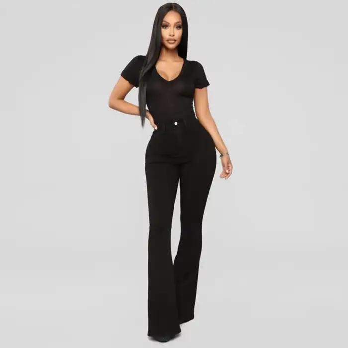 Pantalon Capri en Denim Classique Taille Haute Coupe Slim pour Femme, Jean Droit Long en Mélange Cot