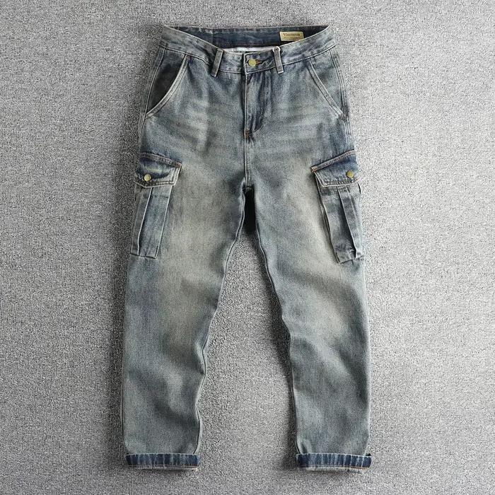 Jean cargo Vintage bleu lavage à l'eau pour faire l'ancienne tendance pour hommes, pantalon ample co