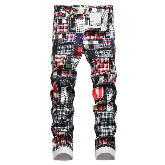 Jean à carreaux imprimé numérique pour hommes, patchs de mode, pantalon en Denim extensible, Patchwo