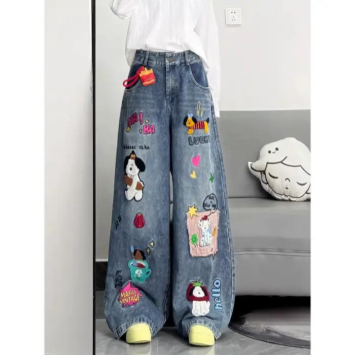 Jeans Rétro Américains Brodés Style Cartoon pour Hommes et Femmes – Coupe Ample Décontractée à Jambe