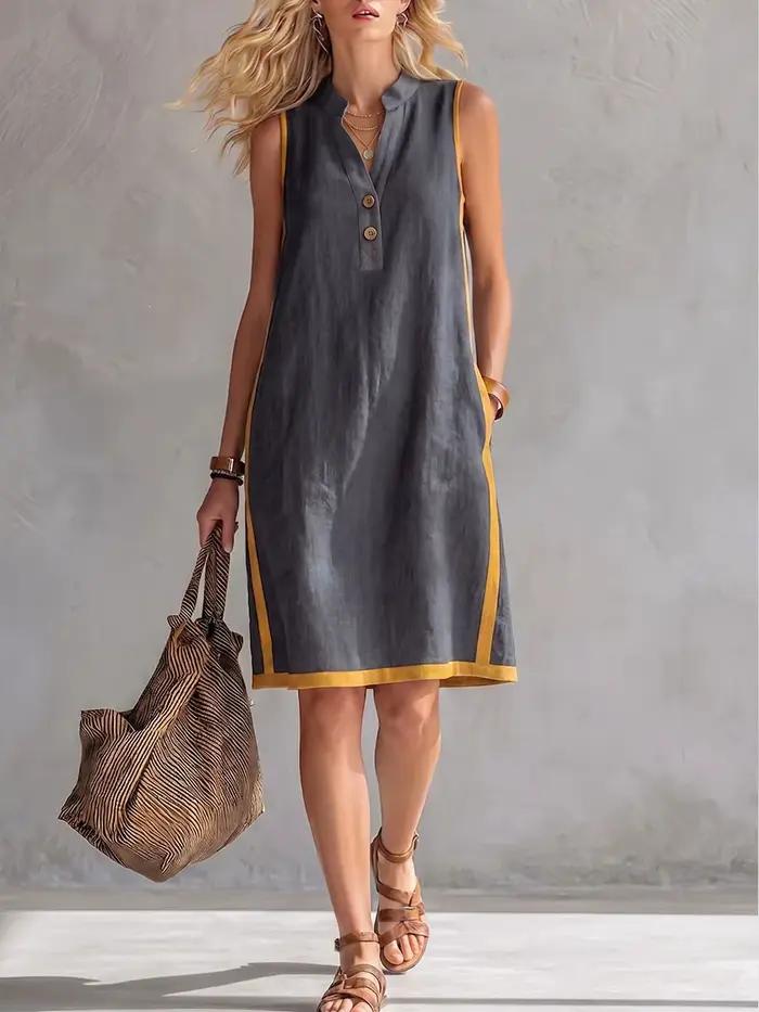 Robe en jean vintage pour femme, sans manches, col en V, boutonnée sur le devant, longueur midi, déc