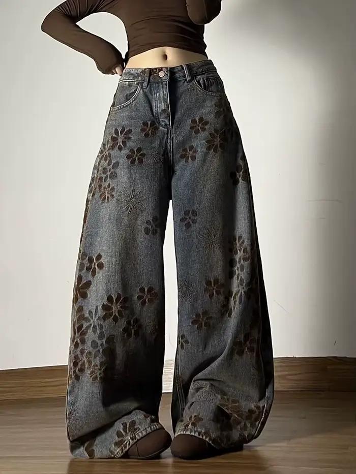 Jean de Style américain pour femmes, Jacquard, couteau incurvé, rétro, délavé, pantalon de sol ample