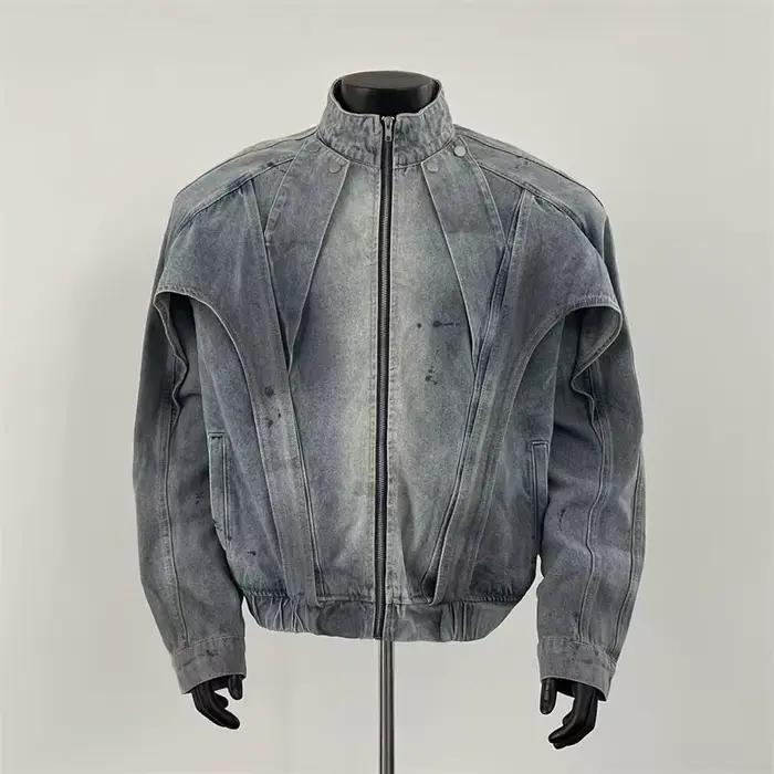 Veste en jean sale en détresse pour hommes, manteau à col montant déconstruit, ambiance américaine, 