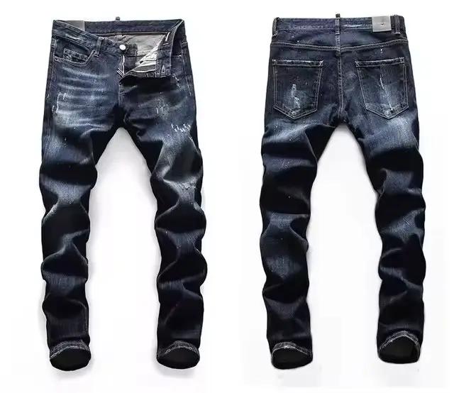Haute qualité rue mode hommes jean rétro bleu élastique coupe ajustée déchiré jean hommes broderie c