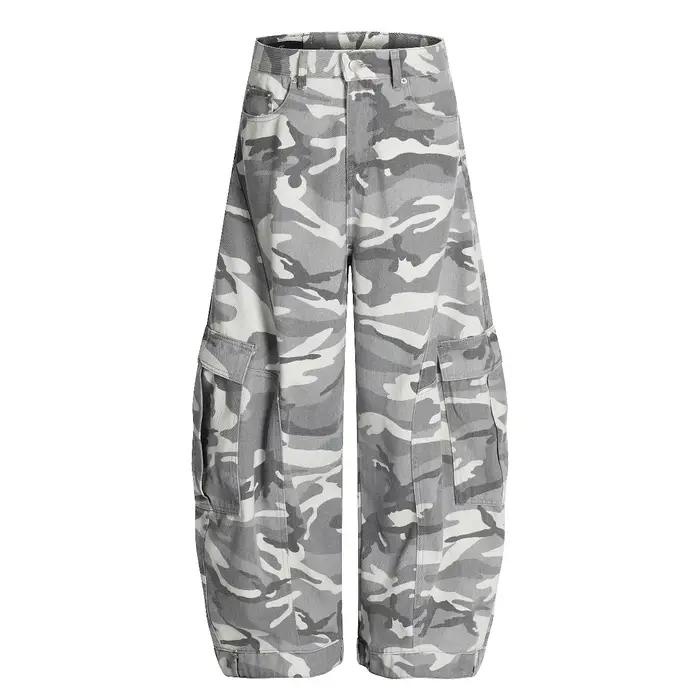 KISKO American High Street Washed Camouflage Wide Leg Knife Edge Jeans Straight Loose Trousers for M