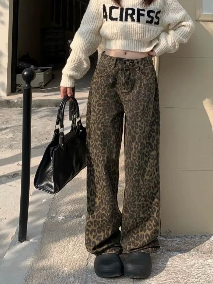 Jean léopard Vintage américain à jambes larges pour femmes, taille haute, Style de rue, pantalon dro