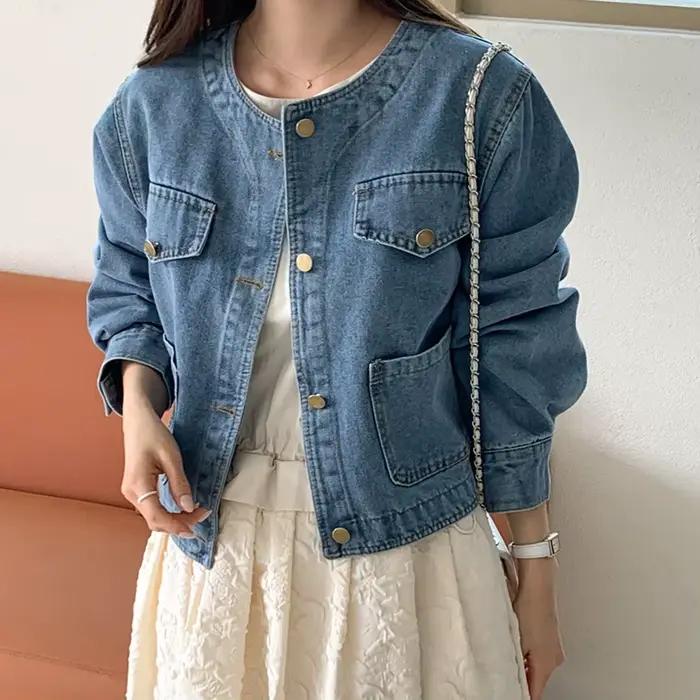 Botvotee Denim Jean veste pour femmes Vintage poche col rond manches longues bouton Dowm jean vestes