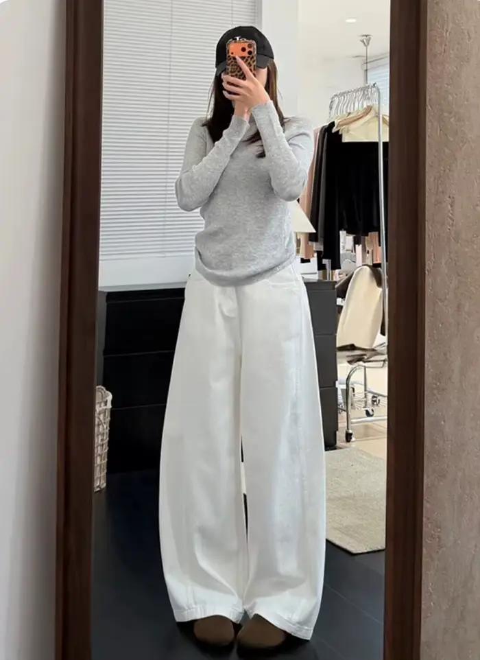 Nouveau Stock – Jean Blanc à Coupe Courbée pour Femme, Taille Haute Décontractée, Ample et Amincissa