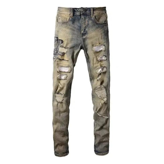 Nouveau Jean en Denim Brodé Serpent pour Homme 2026 – Bleu Vintage avec Patch en Cuir Effet Peau de 