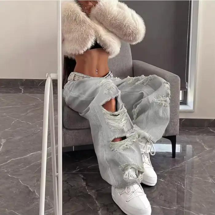 Jeans pour femmes style American High Street, déchirés, coupe droite, à jambe large, design Tie-Dye,