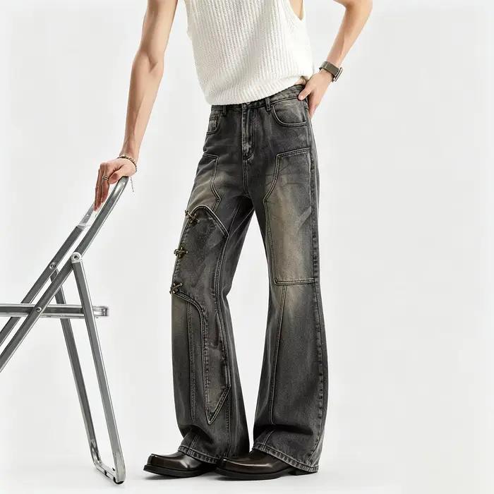 PFNW Jean en denim délavé tendance pour homme, coupe ample et évasée, polyvalent, nouvelle collectio