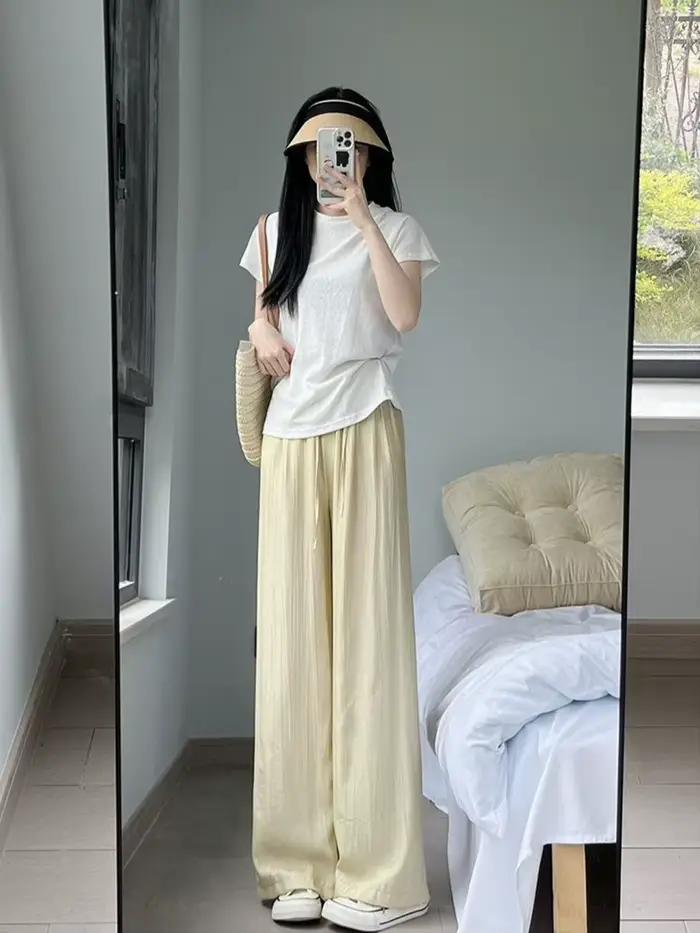 Pantalon à jambes larges pour femmes, vêtements d'été fins, nouvelle Version étroite plissée, Style 