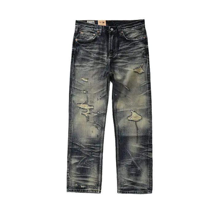 Jean droit déchiré vintage américain coupe ample jaune boue contrastant style urbain audacieux pour 