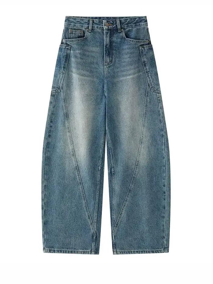 [EAM] taille haute bleu Denim irrégulier épissé décontracté jambe large jean nouvelles femmes pantal