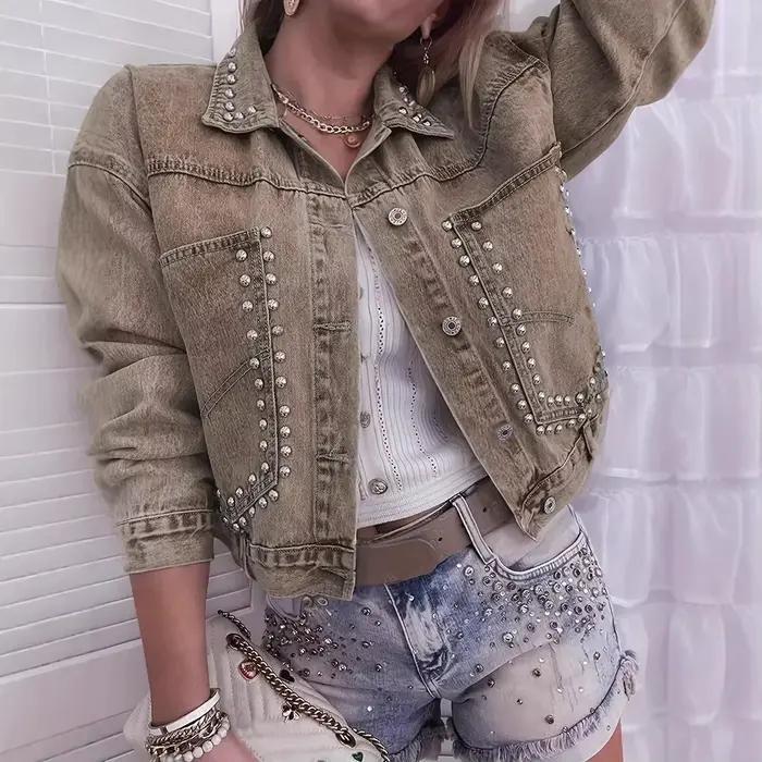 Veste en jean pour femme, style oversize avec rivets, modèle 2026, kaki, rose, vert