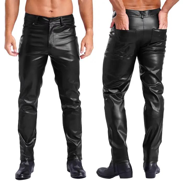 Pantalon en similicuir pour homme avec poches, doublure lisse, pantalon droit, collants, leggings, F