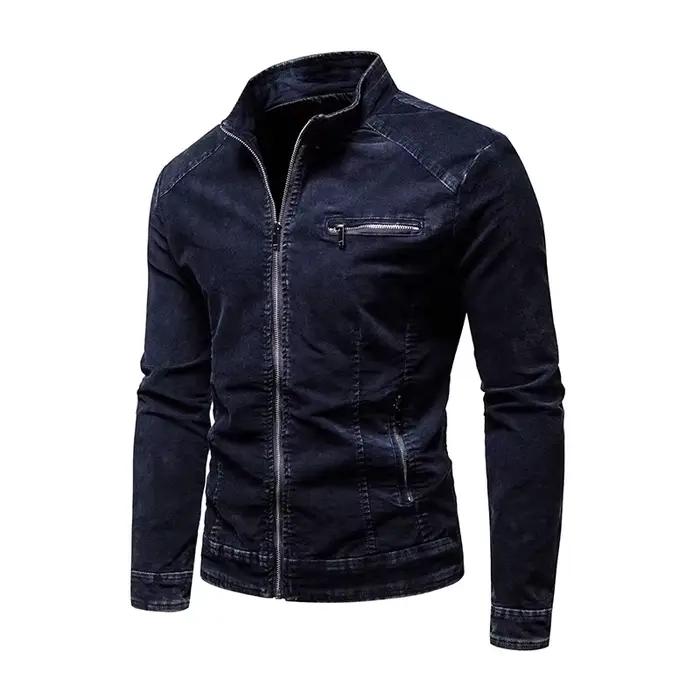 Printemps automne veste en jean hommes mode coupe ajustée col montant Moto Biker coton Denim manteau