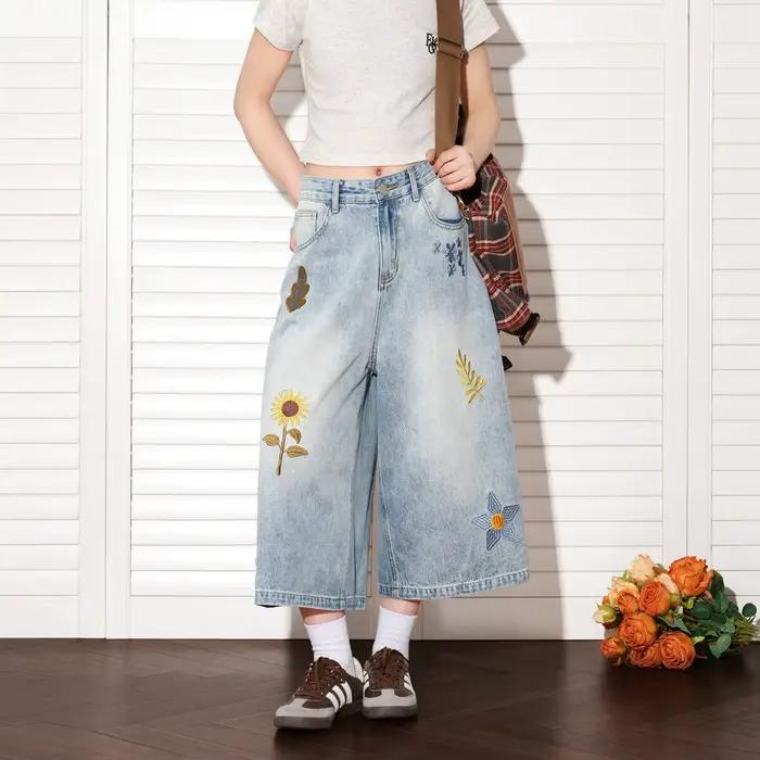 Shorts en jean vintage à broderie florale style américain, coupe large, unisexe, style couple, panta