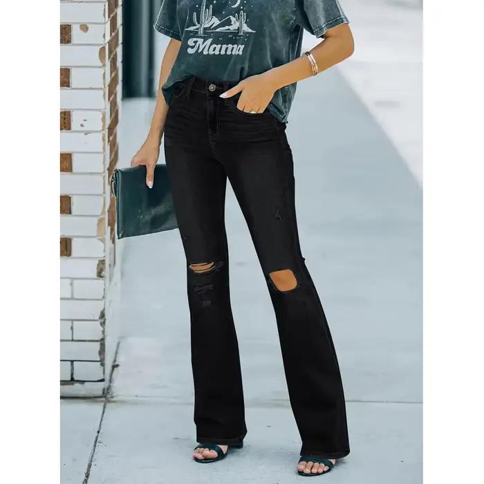 Femmes taille haute Denim jean rétro lavé déchiré trou Flare pantalon dames jean décontracté