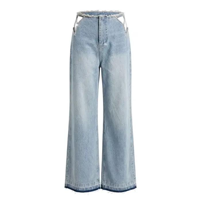 Jean droit ReddaChic à étoiles en strass, sexy et tendance, taille basse, coupe ample, en denim déco