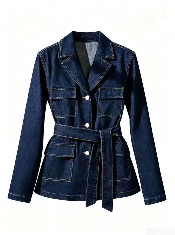 Veste en jean bleu foncé pour femme avec col tailleur, ceinture à nouer à la taille et plusieurs poc