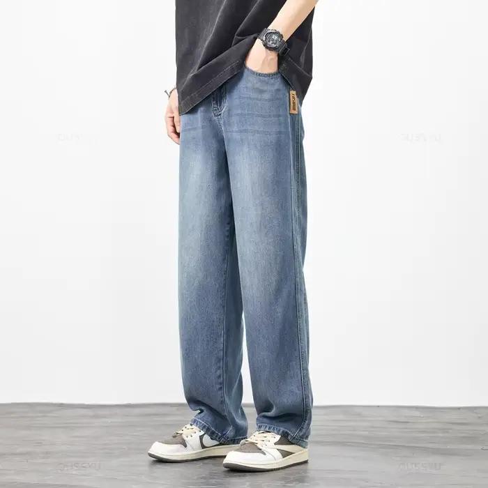 Jeans pour hommes en tissu lyocell doux et confortable de qualité supérieure, coupe ample, jambe lar