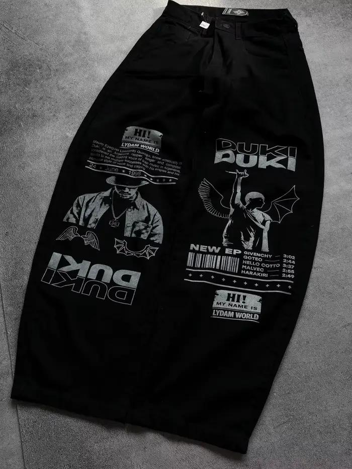 Nouveau Jean imprimé motif rap américain, style urbain, noir et gris, délavé et vieilli, coupe ample