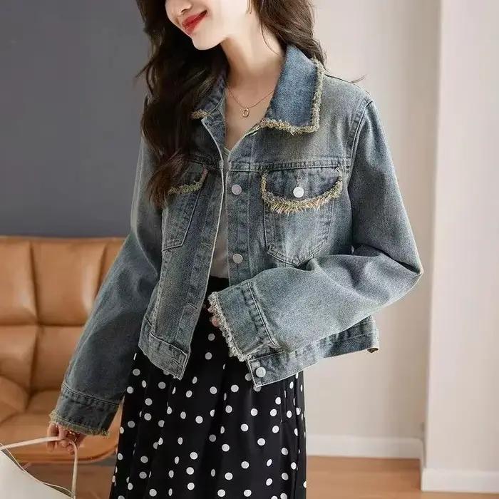 Veste courte en jean bleu uni pour femme, manteau en jean, petit, printemps, automne, vêtements d'ex