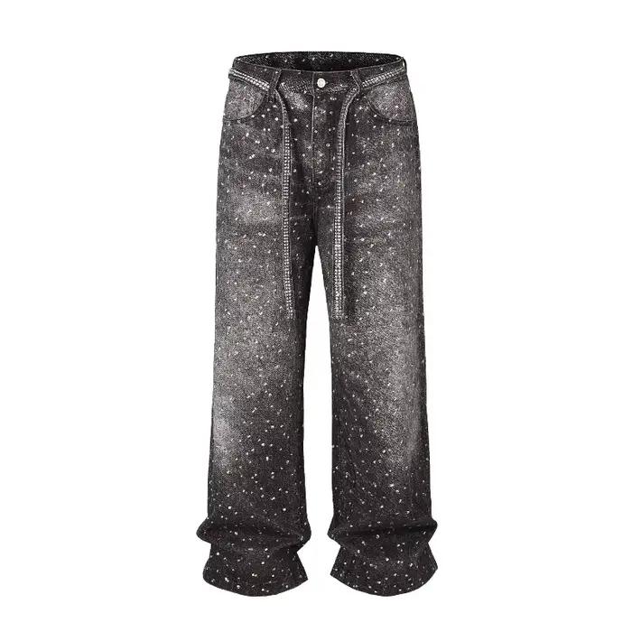 Jean imprimé Deeptown Blue Rhinestone pour femme, noir délavé, coupe large, style américain, en deni