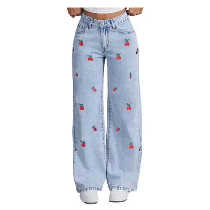 Jeans pour femmes et filles, coupe baggy, jambe large, taille mi-haute, avec deux poches latérales, 