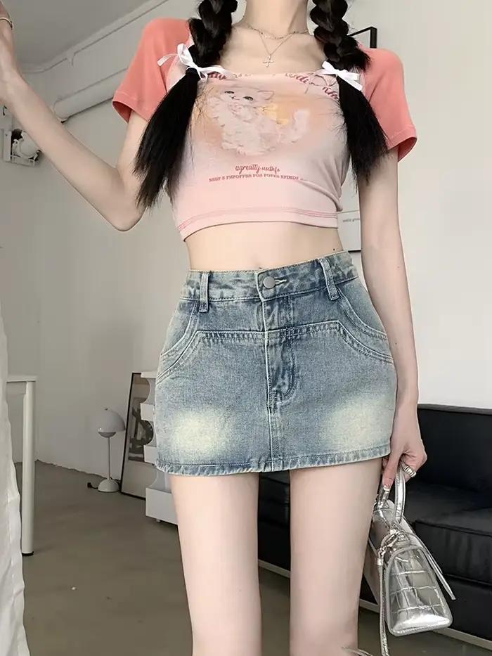 Jupe en jean taille haute délavée vintage américaine pour femmes, jupe jupe jupe jupe moulante aux h