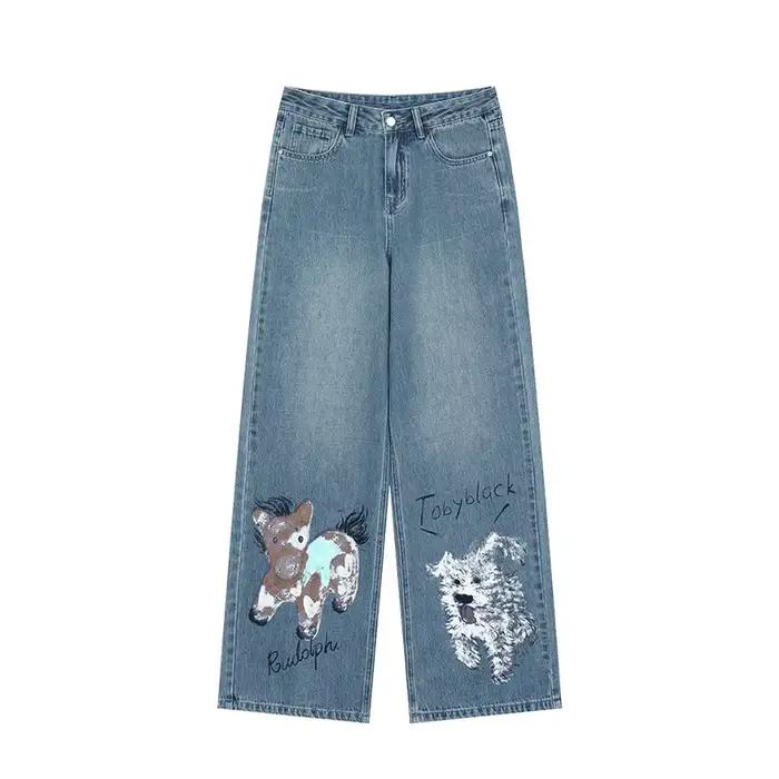 ELFSACK Jeans à jambes larges à imprimé animal graffiti tendance pour femme