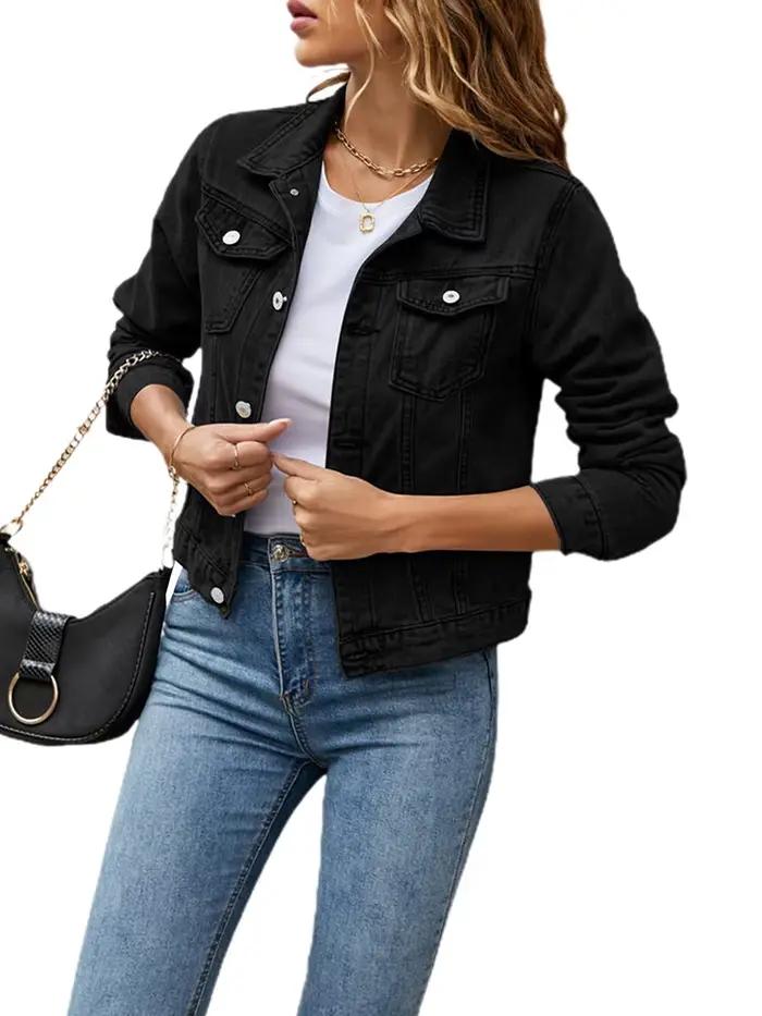 Veste en jean boutonnée à manches longues pour femme avec poche poitrine, couleur unie, noir, bleu, 