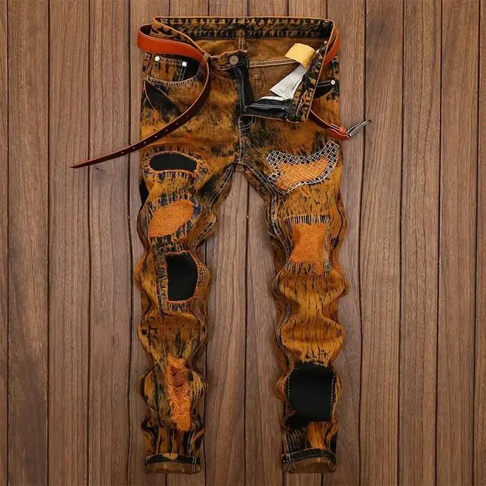 Jeans patchwork déchirés orange pour hommes, mode personnalisée, denim vintage, streetwear moto, hom