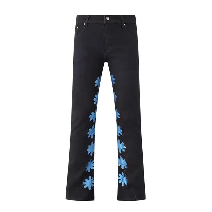 Jean Baggy pour hommes, Streetwear, broderie florale sur le côté intérieur, noir, bleu, poches droit
