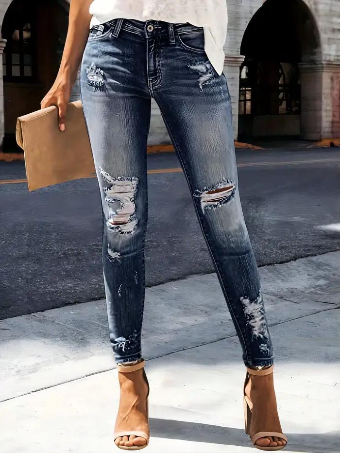 Jean slim déchiré en denim délavé à motif barbe de chat, couleur unie, élégant et décontracté pour f