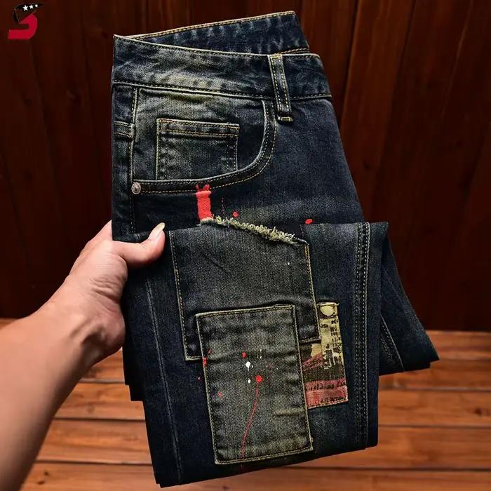 Jeans Homme Tendance Urbaine Bleu Rétro Élastique Coupe Slim Déchiré Vintage Designer Stretch Décont