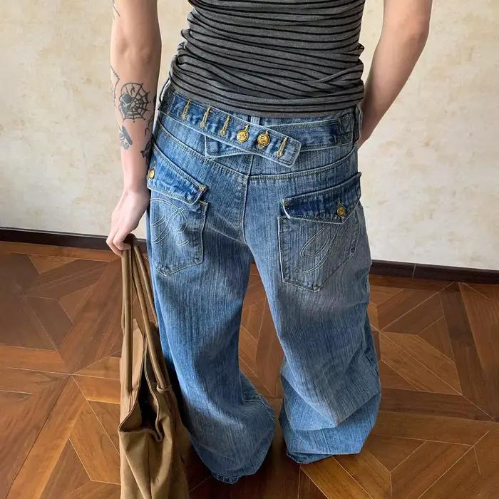 Nouveau style de jeans décontractés à jambe droite pour femme, avec boutons lavés, style rétro décon