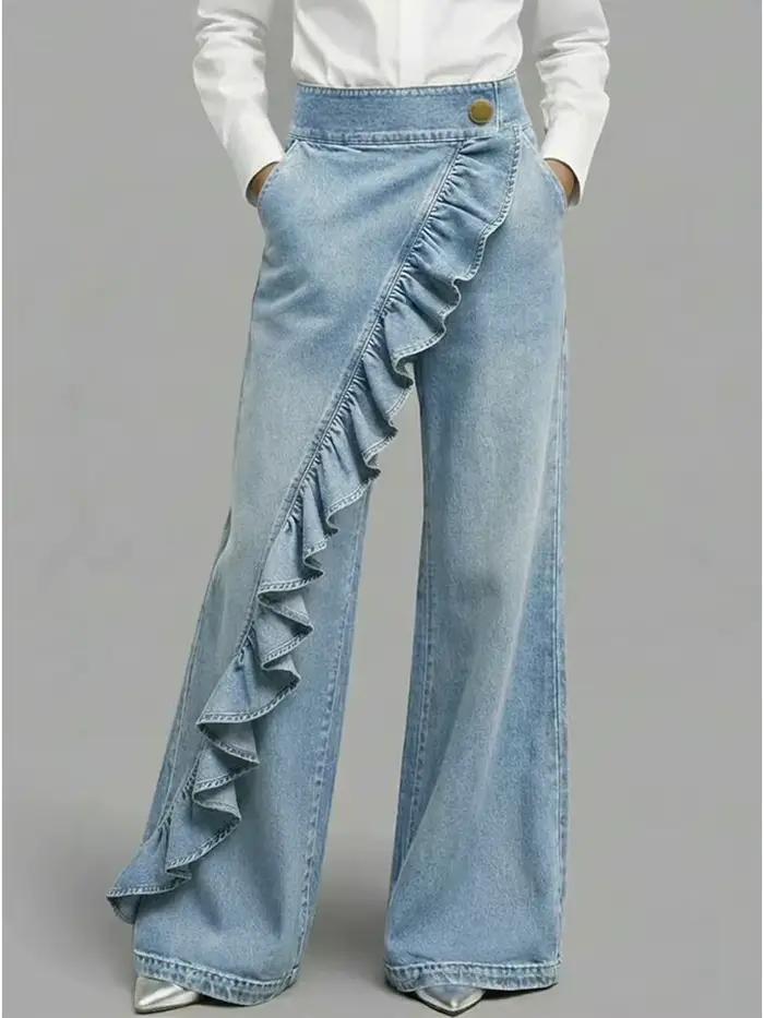 Jean pour femme à volants, taille haute, style vintage, hip-hop, coupe droite, baggy, denim, style s