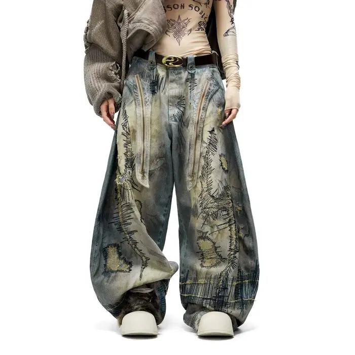 Américain nouvelle mode hommes bleu décontracté à la mode quotidien ample jambe large trou patché br