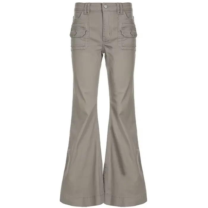 Pantalon évasé en Denim avec poches pour vêtements de travail rétro, délavé et porté, taille basse, 