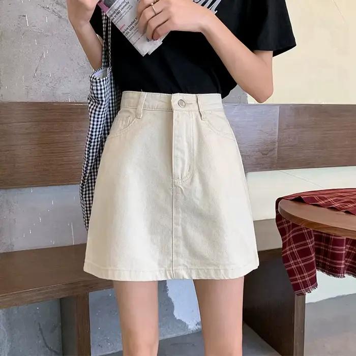 Jupe courte en Denim pour femmes, couleur unie, blanc, noir, basique, taille haute, ligne a, élégant