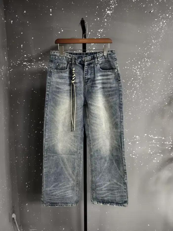Jean décontracté bleu délavé style américain PFNW pour homme – Pantalon polyvalent rétro coupe droit