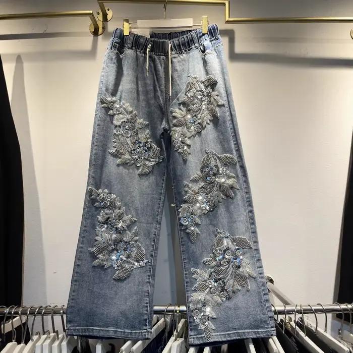Jean brodé de fleurs et de paillettes pour femmes, haut de gamme, perles lourdes, Style européen, mo